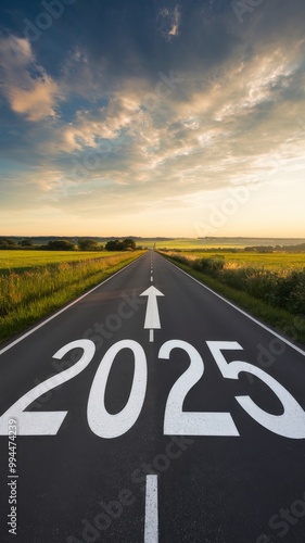 Wallpaper Mural Road to 2025 with an empty road with written 2025 and arrow pointing towards the horizon to represent the future and positivity and success of the new year 2025 Torontodigital.ca
