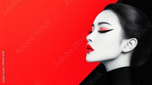 Elegant makeup artistry showcased against a striking red and black backdrop