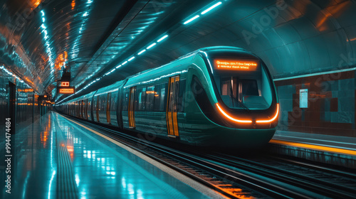 Modern illuminated metro train at futuristic underground station with glowing blue and orange lights, transportation infrastructure, urban commute, sleek design, public transit technology. photo