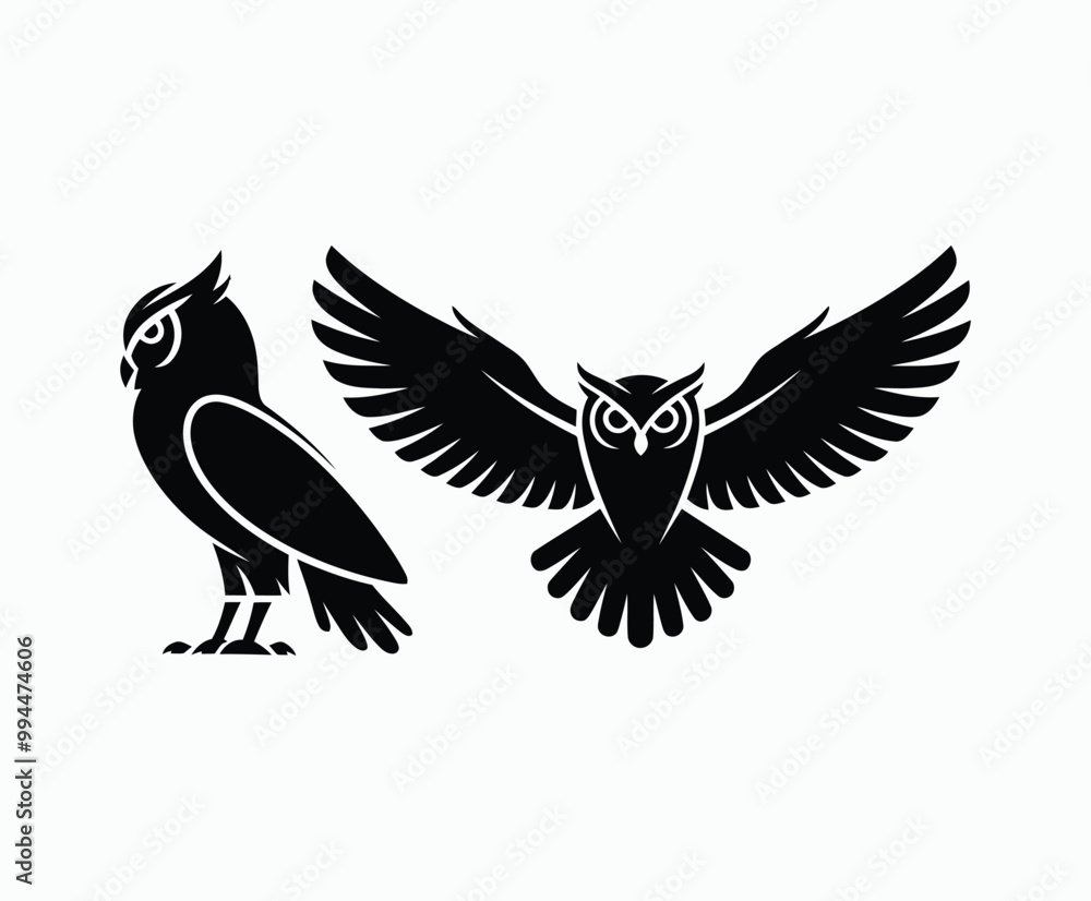 Fototapeta premium Owl bird silhouette editable EPS vector isolated illustration template on a white background