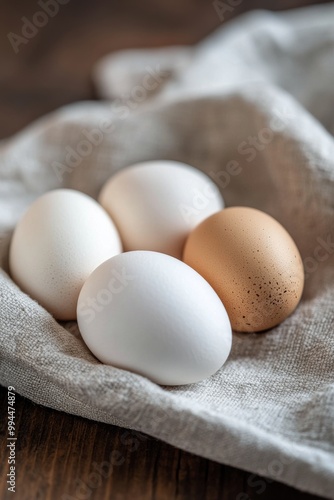 Fresh farm eggs arranged on a linen cloth with flowers in the background in s...