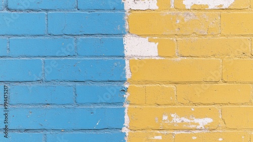 Two-tone brick wall divided into blue and yellow sections with peeling paint ...