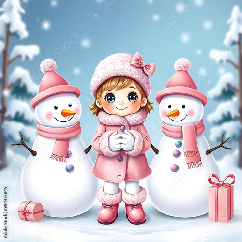 Cute Girl Pink Christmas Clipart design. Isolated on white background