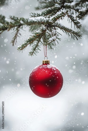 A vivid red Christmas ornament hanging from a snowy evergreen branch during winter