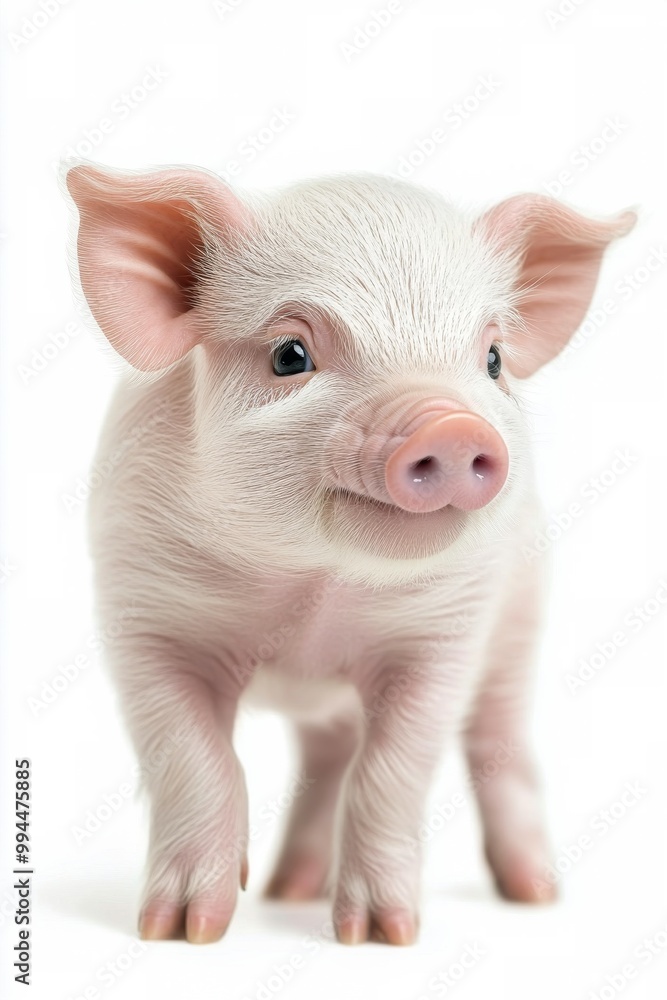Cute baby piglet with shining eyes looking playfully at the camera on a light background Cute baby piglet with shining eyes looking playfully at the camera on a light background