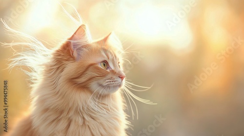 A curious orange cat gazes out the window during sunset, enjoying the warm ev...