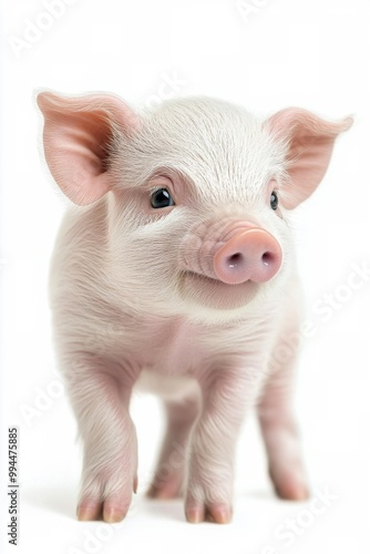 Cute baby piglet with shining eyes looking playfully at the camera on a light...