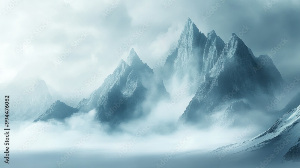 Obraz premium Mountain Peaks Rising Above a Misty Valley