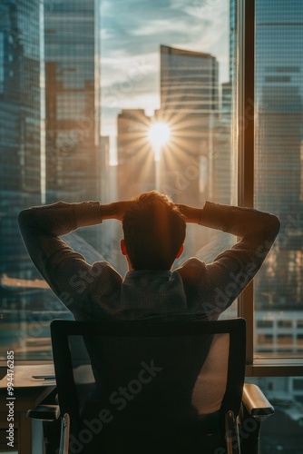 Business professional enjoys sunset view from high-rise office in a bustling ...