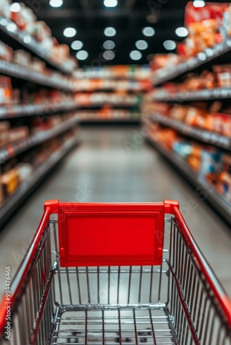 Shopping cart in a grocery store aisle filled with colorful product packages ...
