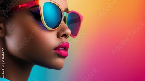 A woman with colorful sunglasses poses against a vibrant pink and green backg...