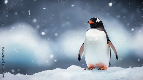 A gentoo penguin standing on ice surrounded by falling snow in the Antarctic ...