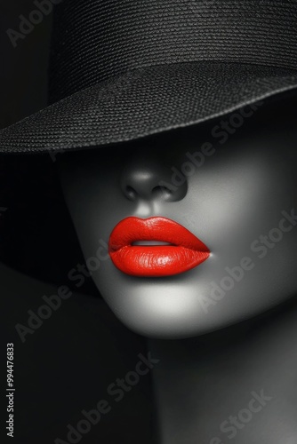 Elegant close-up of a mannequin showcasing bold red lips and a stylish black ...