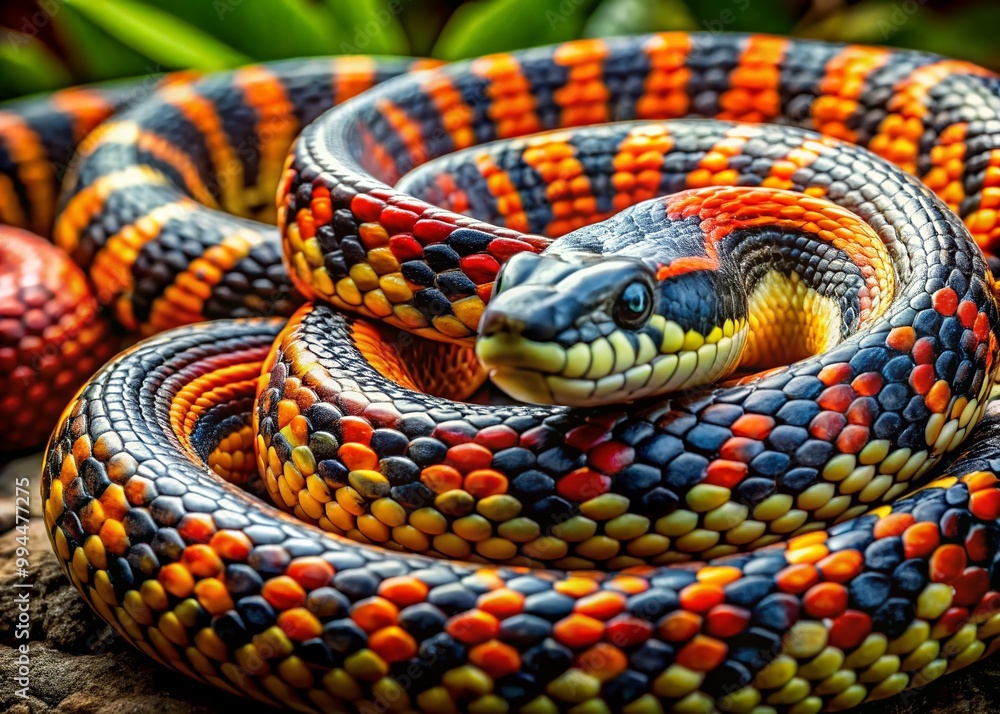 Striking King Snakes Coiled Together in Natural Habitat with Vibrant Patterns and Colors Displayed Striking King Snakes Coiled Together in Natural Habitat with Vibrant Patterns and Colors Displayed
