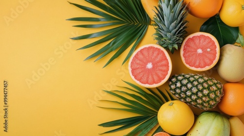 Fresh tropical fruits and green leaves arranged on a vibrant yellow background