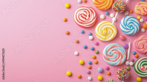Colorful lollipops and candies arranged neatly on a pink background for a fes...