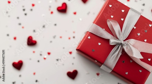 Decorative red gift box surrounded by heart-shaped decorations for a celebration
