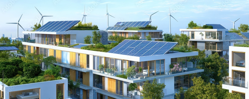 Obraz premium Blueprint for an energy-positive residential building, showcasing solar panels, wind turbines, and green roofs in an integrated community design