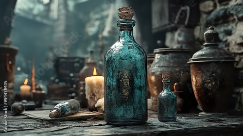 Mystical Potion Bottles on a Wooden Table