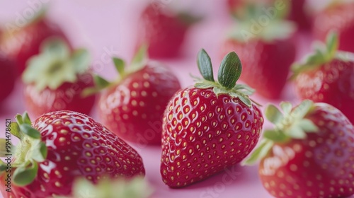 Freshly harvested strawberries on a pink background ready for consumption or ...