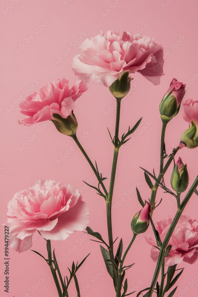 Delicate pink carnations against a soft pink background in a floral display Delicate pink carnations against a soft pink background in a floral display