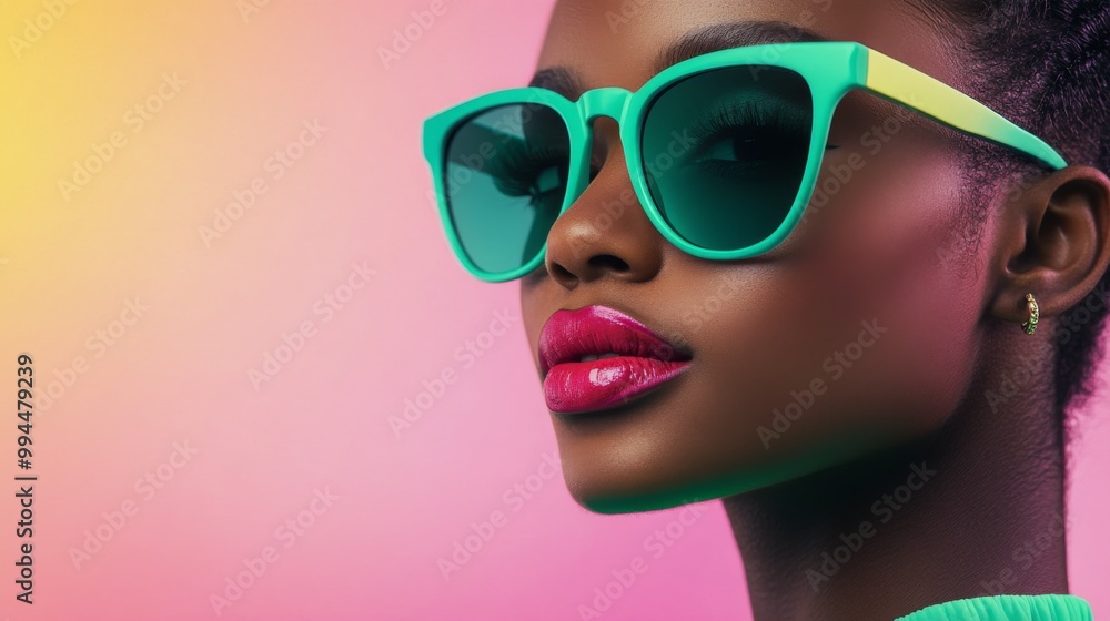 A woman with colorful sunglasses poses against a vibrant pink and green background during daylight A woman with colorful sunglasses poses against a vibrant pink and green background during daylight