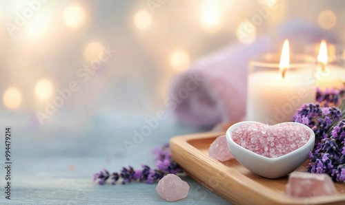 Relaxing spa setting with lavender, pink salt, and candles for a soothing atmosphere