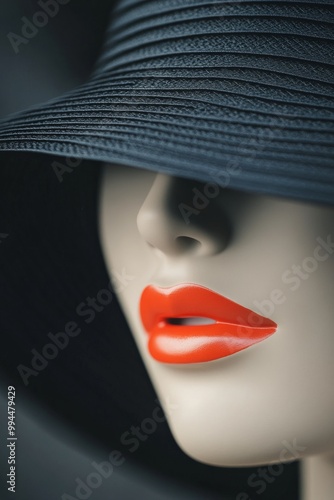 Elegant close-up of a mannequin showcasing bold red lips and a stylish black ...