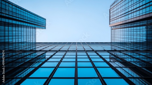 An eco-friendly building. A sustainable glass office building. The building has a modern design, and it is tall and has a great view of the skyline.