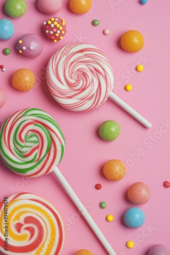Colorful lollipops and candies arranged on a pink background for a vibrant de...