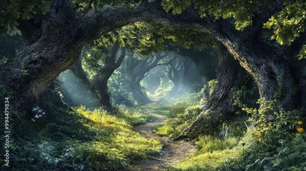 Sunlit Path Through Dense Forest Canopied by Twisted Trees Sunlit Path Through Dense Forest Canopied by Twisted Trees