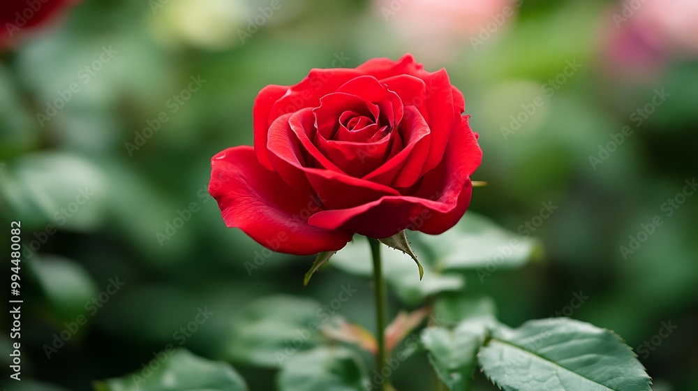 Single red rose in bloom, close up, romantic and beautiful flower Single red rose in bloom, close up, romantic and beautiful flower