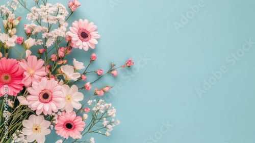 A colorful arrangement of pink and white flowers on a blue background for spring celebration