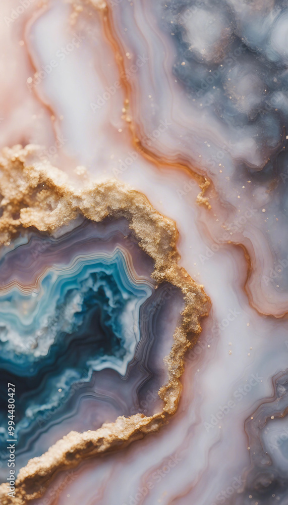 Closeup of an agate geode with swirling patterns and glittering gold veins The background is a soft Closeup of an agate geode with swirling patterns and glittering gold veins The background is a soft