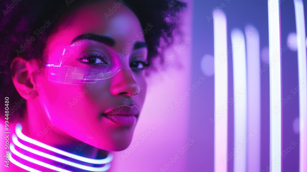 Futuristic beauty technology in a neon-lit background, digital art style portrait with glowing accessories. concept of integrating ai-driven tools in skincare routines Futuristic beauty technology in a neon-lit background, digital art style portrait with glowing accessories. concept of integrating ai-driven tools in skincare routines