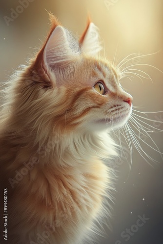 Majestic orange cat gazing thoughtfully in soft golden light during the early...