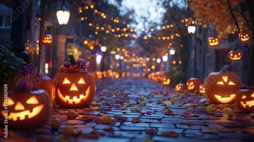 A vibrant Halloween street decorated with glowing jack-o-lanterns and childrena??s candy buckets waiting to be filled photo