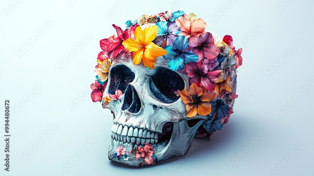 A visually captivating hand-drawn skull adorned with vibrant blossoms, presented on a minimalist white background A visually captivating hand-drawn skull adorned with vibrant blossoms, presented on a minimalist white background