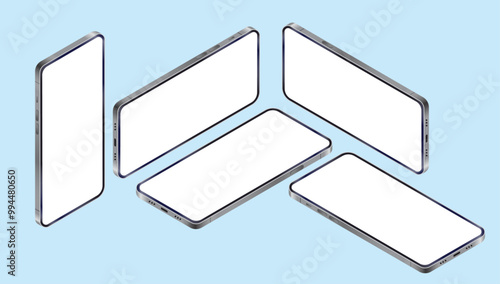 Mobile phones in isometric view - Various unbranded smartphones with white empty screen. Template and mockup concept vector illustration