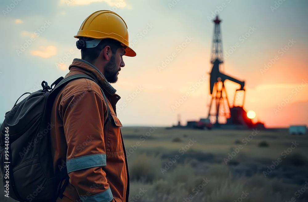 Oil worker in work clothes and helmet near oil rig, drilling station against sky background at sunset. Worker oil and gas production Oil worker in work clothes and helmet near oil rig, drilling station against sky background at sunset. Worker oil and gas production