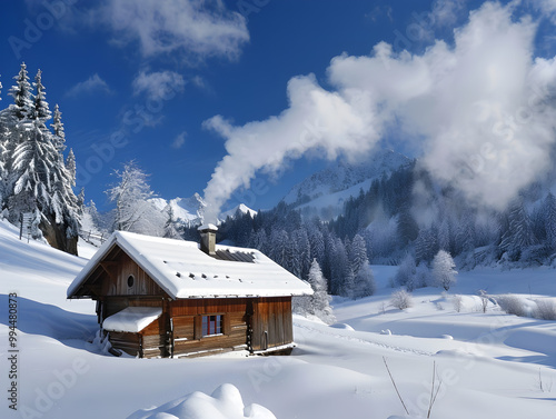 A cozy wooden cabin sits nestled in a snowy landscape surrounded by frosty trees.