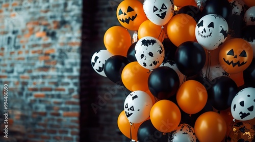 A whimsical arrangement of orange, black, and white Halloween balloons featuring spooky designs like ghosts and pumpkins photo