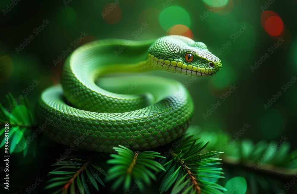 Green snake on a spruce branch close-up,, blurred background. Symbol of new 2025. Background for new year Green snake on a spruce branch close-up,, blurred background. Symbol of new 2025. Background for new year
