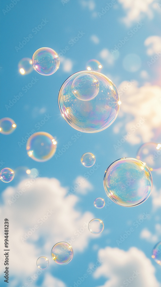 Bubbles drifting in clear sky with clouds and sunlight