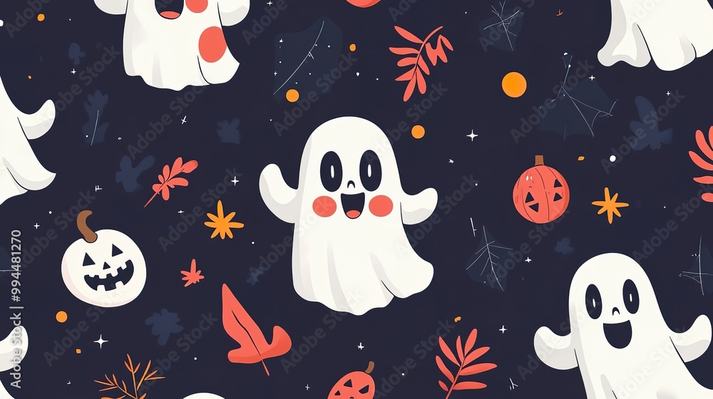 A whimsical layout of cute ghost illustrations featuring adjustable faces and playful Halloween motifs, presented in a flat design vector style