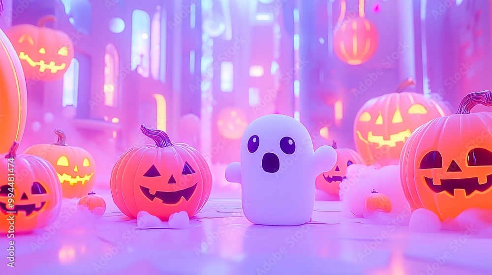 A whimsical scene showcasing adorable pumpkins and friendly ghosts, surrounded by neon accents of orange and pink on a clean white backdrop A whimsical scene showcasing adorable pumpkins and friendly ghosts, surrounded by neon accents of orange and pink on a clean white backdrop