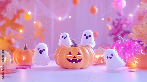 A whimsical scene showcasing adorable pumpkins and friendly ghosts, surrounded by neon accents of orange and pink on a clean white backdrop