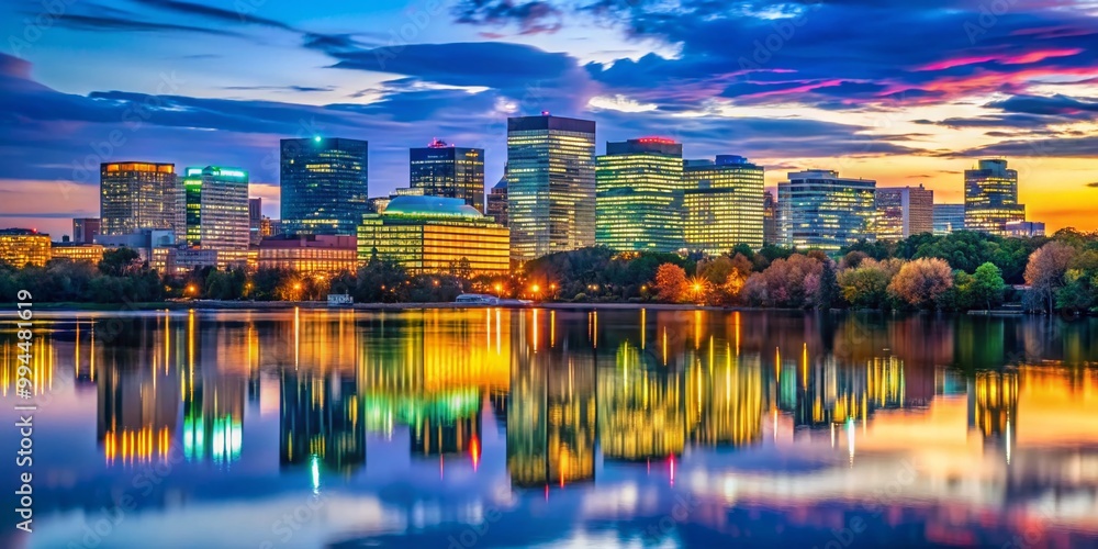 Fototapeta premium Stunning Arlington VA Skyline at Dusk with Vibrant City Lights and Reflection on the Potomac River