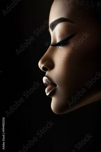 Elegant profile of a woman showcasing natural beauty and artistry in soft lig...