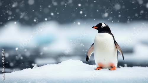 A gentoo penguin standing on ice surrounded by falling snow in the Antarctic region during winter